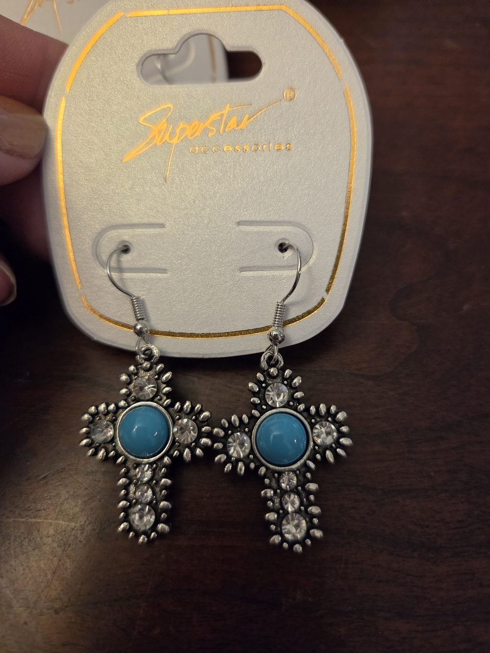 Turquoise Cross Dangle Earrings - Silver Tone